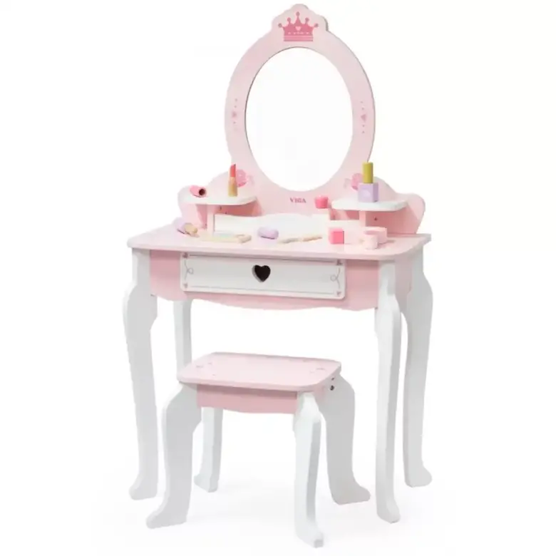 Дървена тоалетка за принцеси с табуретка VIGA Toys – детска гримьорна с огледало и аксесоари