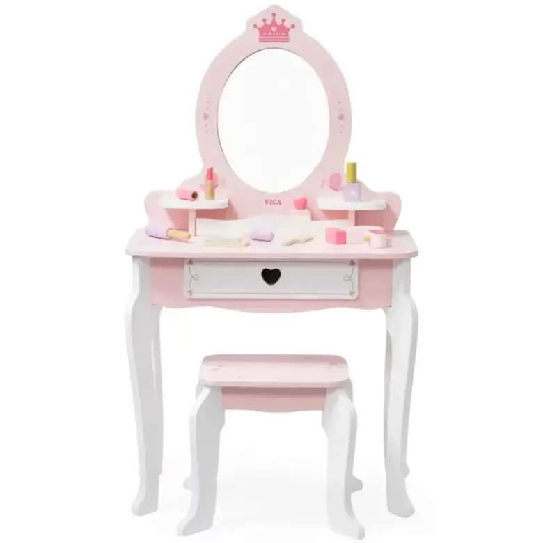 Дървена тоалетка за принцеси с табуретка VIGA Toys – детска гримьорна с огледало и аксесоари