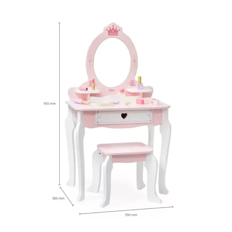 Дървена тоалетка за принцеси с табуретка VIGA Toys – детска гримьорна с огледало и аксесоари