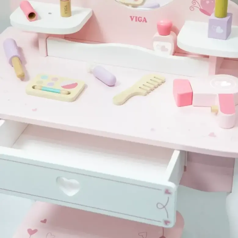 Дървена тоалетка за принцеси с табуретка VIGA Toys – детска гримьорна с огледало и аксесоари