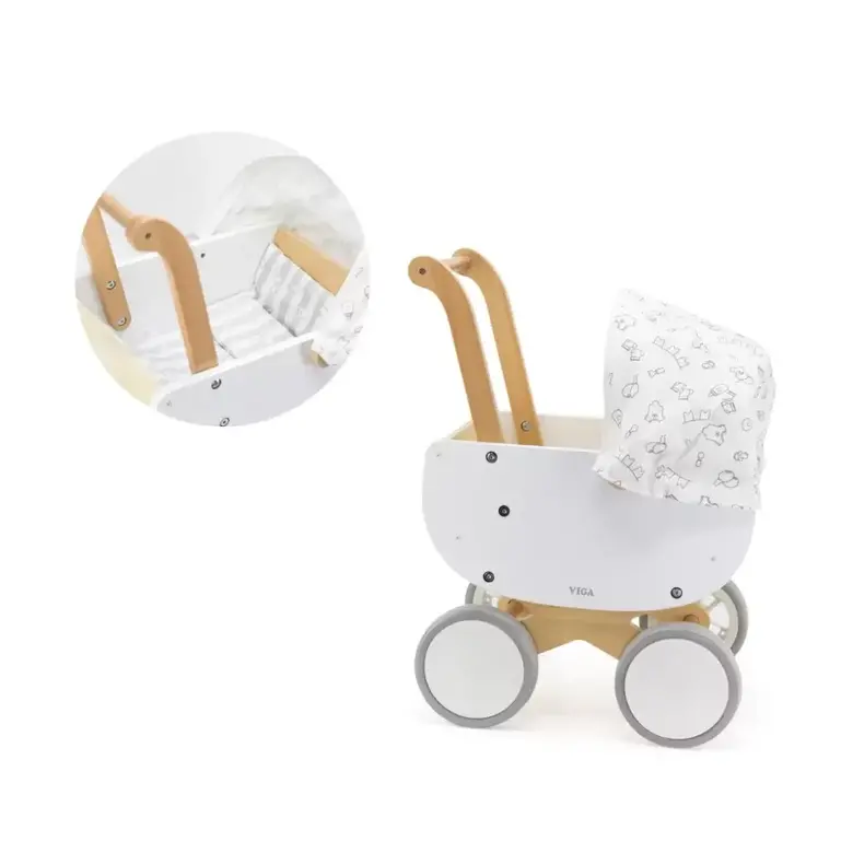 Дървена количка за кукли бяла VIGA Toys - за бутане и ролева игра