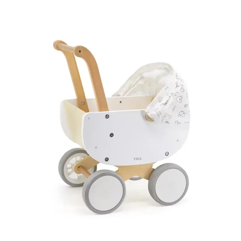 Дървена количка за кукли бяла VIGA Toys - за бутане и ролева игра