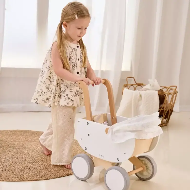 Дървена количка за кукли бяла VIGA Toys - за бутане и ролева игра