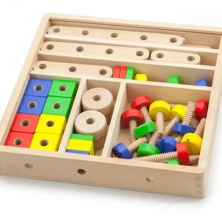 Детски конструктор с гайки 53 части Viga Toys – дървен конструктор с болтове и модели