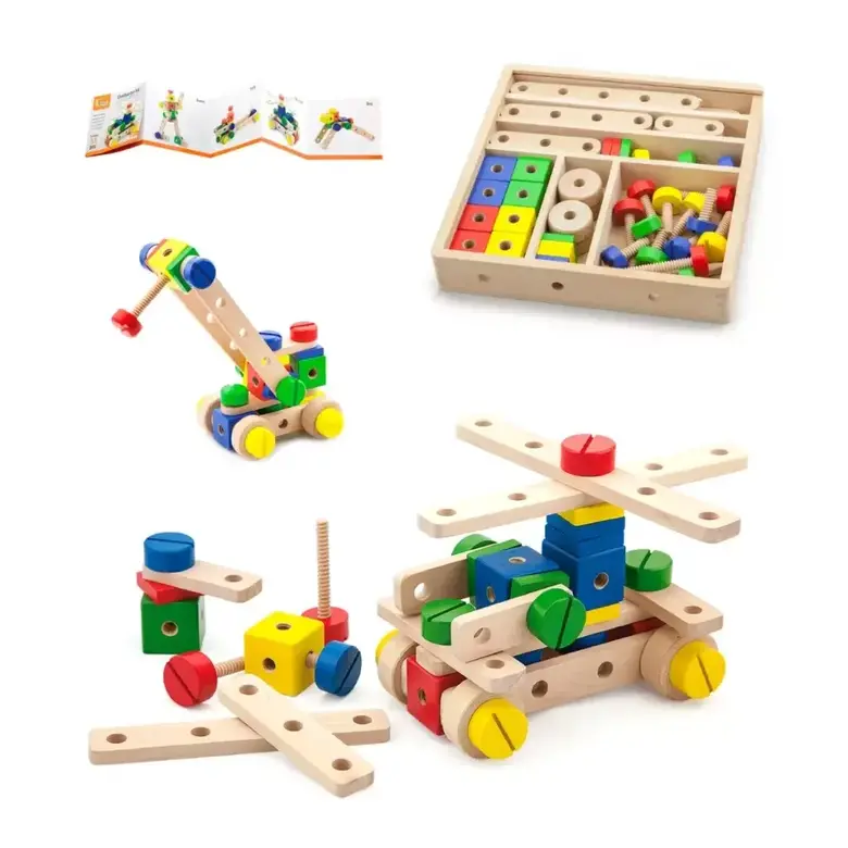 Детски конструктор с гайки 53 части Viga Toys – дървен конструктор с болтове и модели