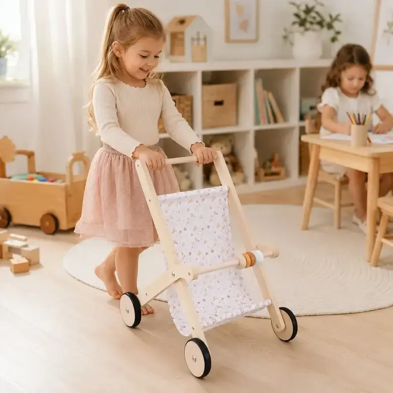 Детска Дървена Количка за Кукли GINGER HOME с Мек Текстилен Кош