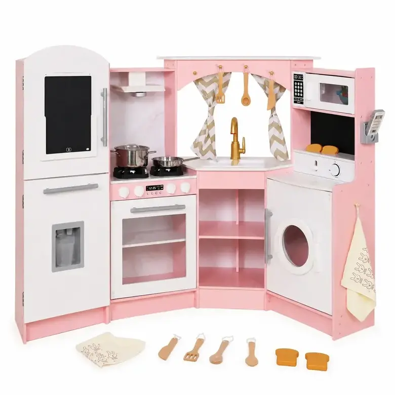 Голяма Детска Дървена Кухня GINGER HOME, Ъглова с Мивка с Течаща Вода, Звук и Светлина, Хладилник, Микровълнова, Пералня, Прозорец, Завеси и Аксесоари, 134x80x99 см