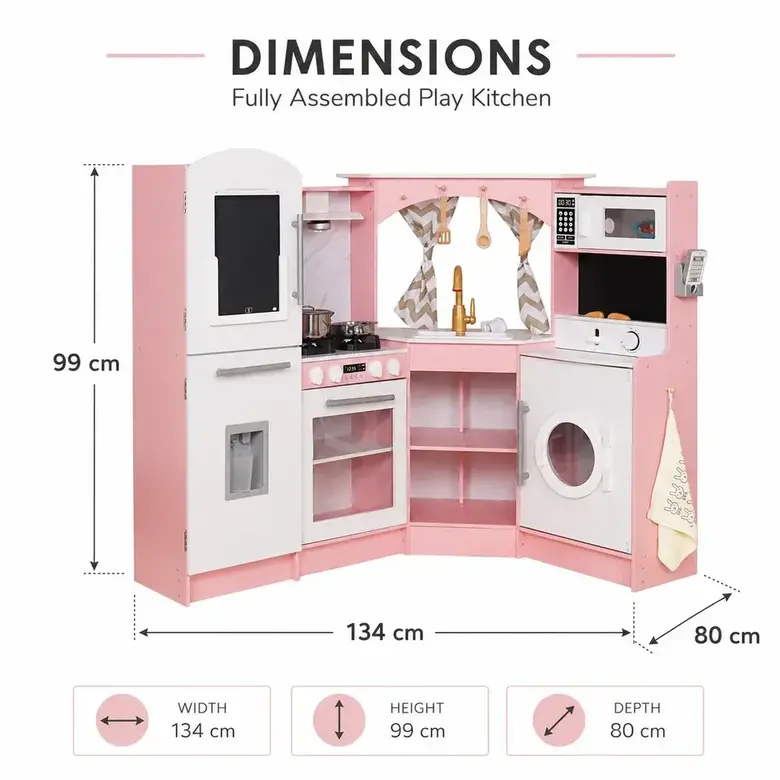 Голяма Детска Дървена Кухня GINGER HOME, Ъглова с Мивка с Течаща Вода, Звук и Светлина, Хладилник, Микровълнова, Пералня, Прозорец, Завеси и Аксесоари, 134x80x99 см