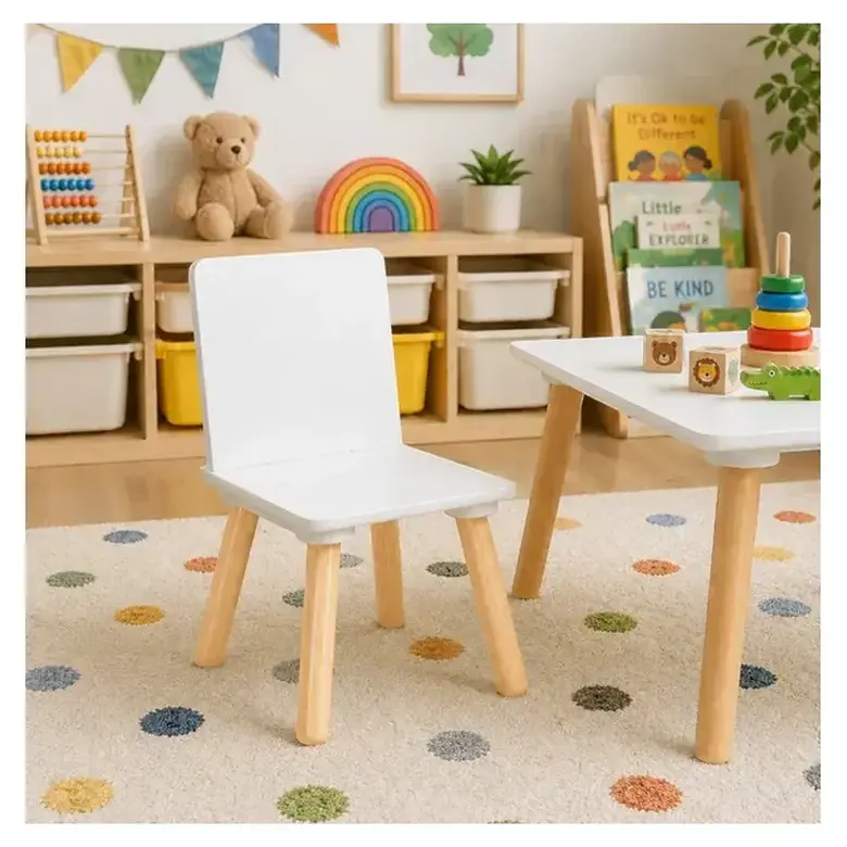 Бяло Детско Дървено Столче GINGER HOME, Скандинавски Стил, MDF и Борова Дървесина, Заоблени Ръбове