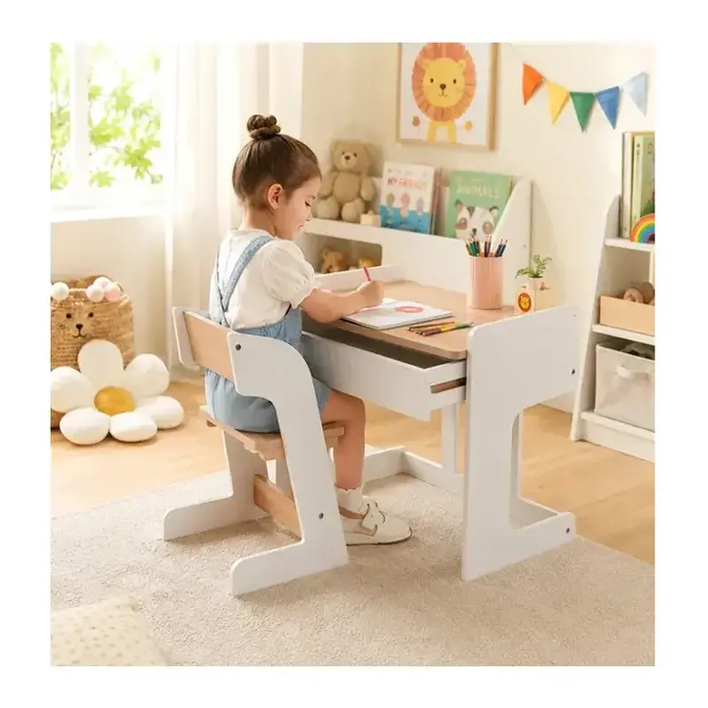Детско Бюро със Столче GINGER HOME, Комплект за Рисуване, Учене и Игри с Чекмедже, Регулируема Височина, MDF и Борова Дървесина