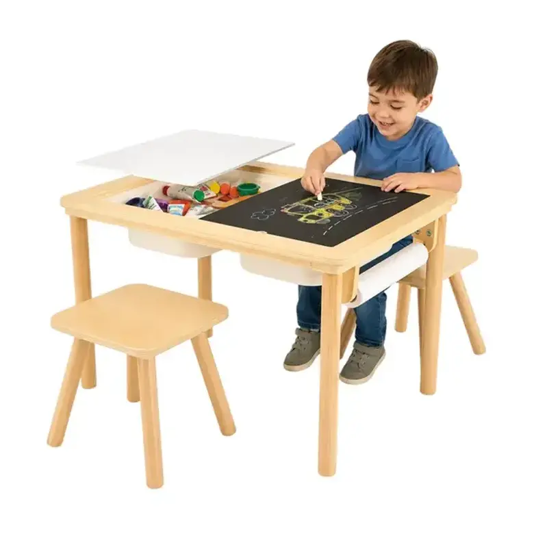 Детска Дървена Масичка за Активна Игра с 2 Столчета GINGER HOME 5 в 1, Дъска за Рисуване, Ролка Хартия и Кутии за Съхранение, 73x50x53.6 см