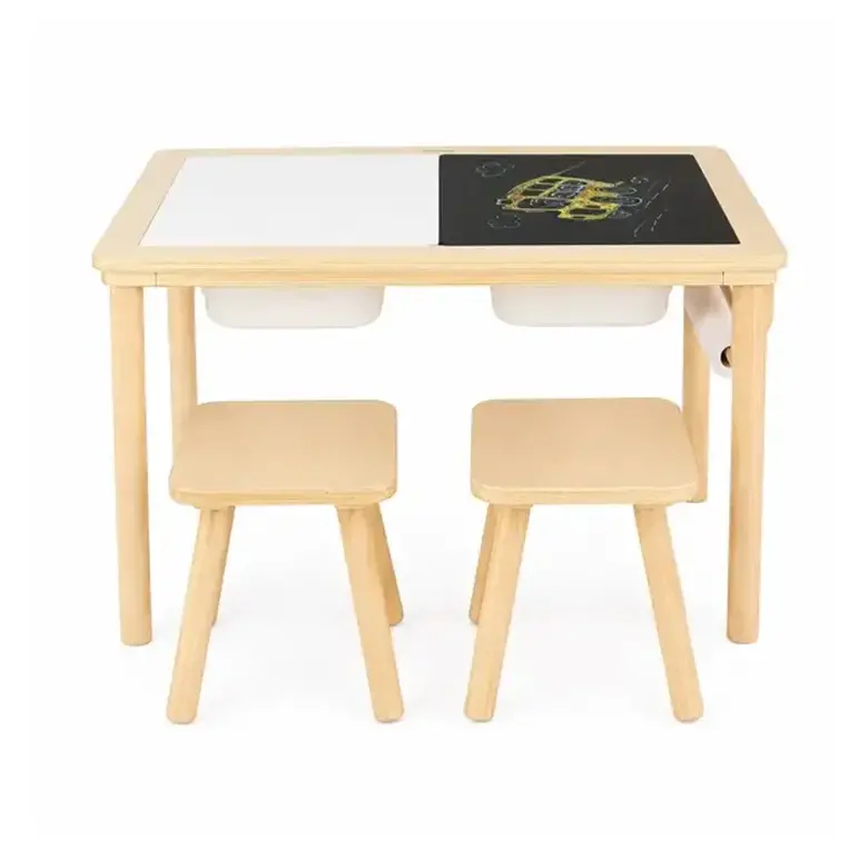 Детска Дървена Масичка за Активна Игра с 2 Столчета GINGER HOME 5 в 1, Дъска за Рисуване, Ролка Хартия и Кутии за Съхранение, 73x50x53.6 см
