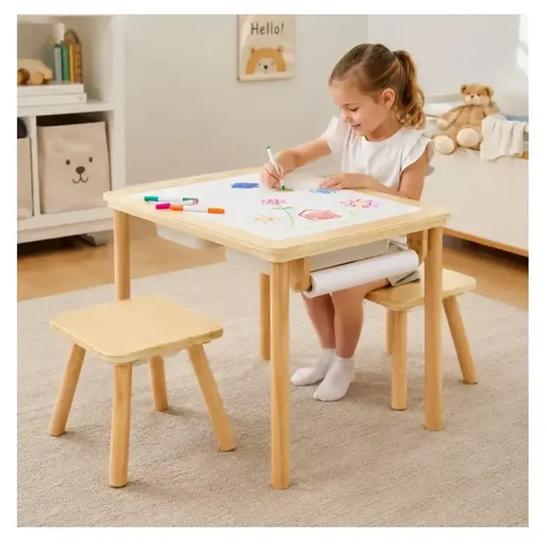 Детска Дървена Масичка за Активна Игра с 2 Столчета GINGER HOME 5 в 1, Дъска за Рисуване, Ролка Хартия и Кутии за Съхранение, 73x50x53.6 см