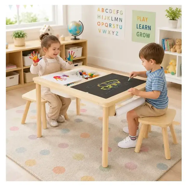 Детска Дървена Масичка за Активна Игра с 2 Столчета GINGER HOME 5 в 1, Дъска за Рисуване, Ролка Хартия и Кутии за Съхранение, 73x50x53.6 см