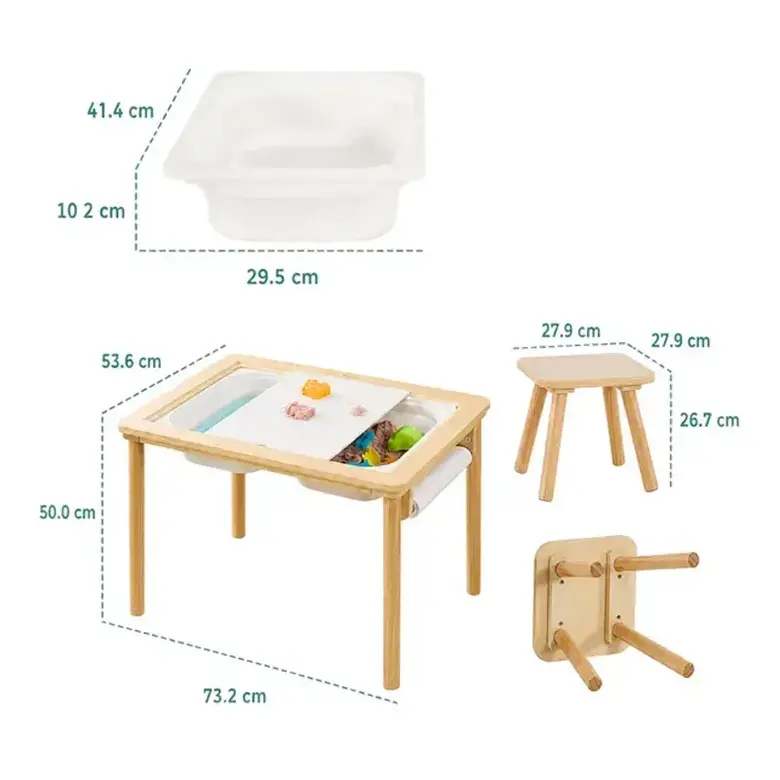Детска Дървена Масичка за Активна Игра с 2 Столчета GINGER HOME 5 в 1, Дъска за Рисуване, Ролка Хартия и Кутии за Съхранение, 73x50x53.6 см