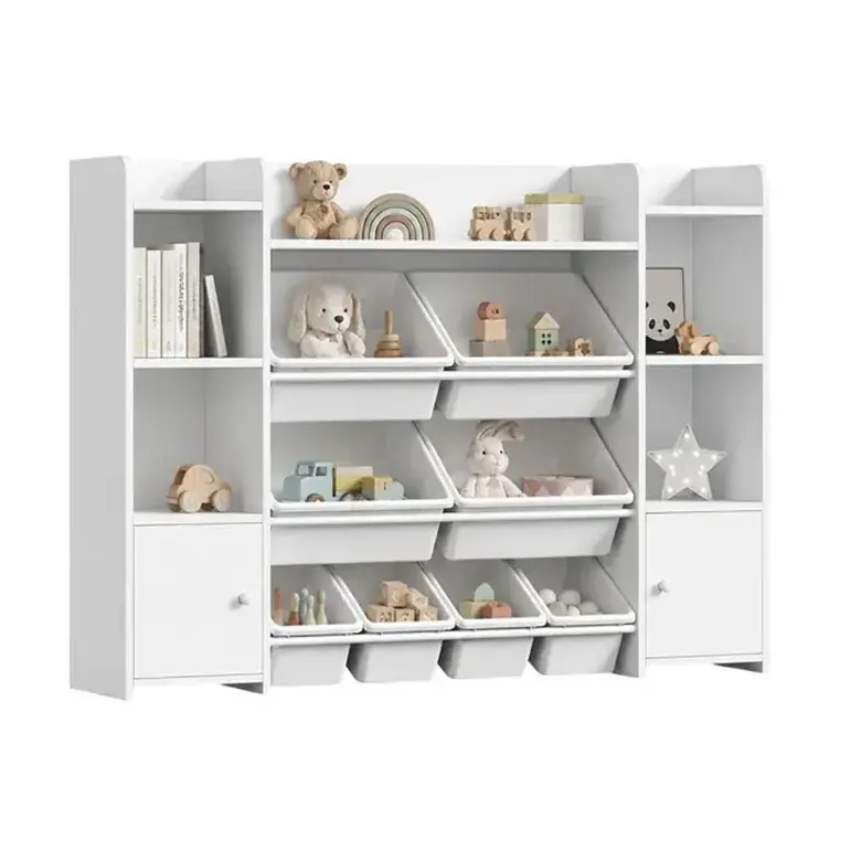 Голям Детски Органайзер GINGER HOME, Бяла Етажерка за Играчки и Книги с 8 Кутии за Съхранение и 2 Шкафа