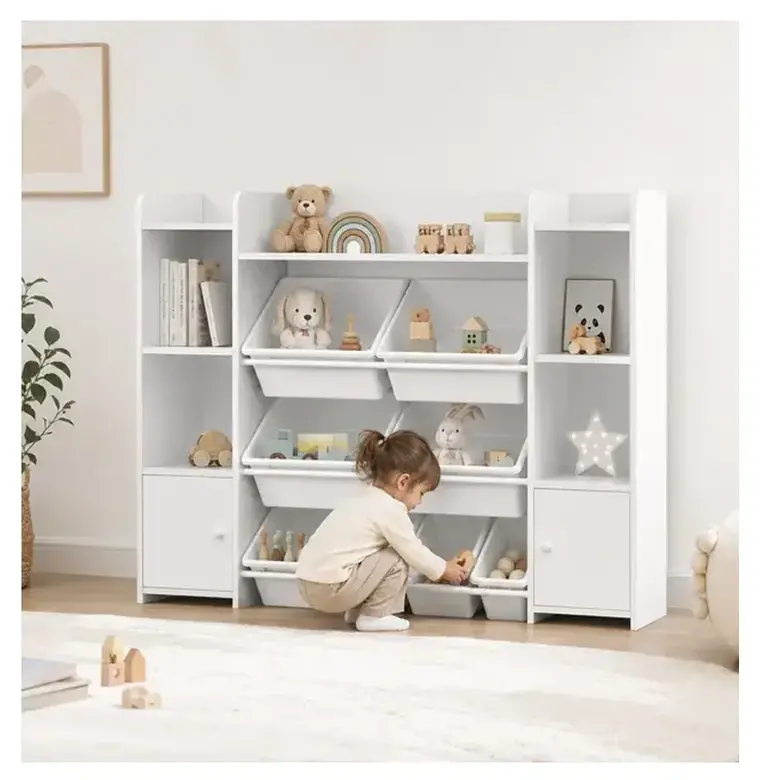 Голям Детски Органайзер GINGER HOME, Бяла Етажерка за Играчки и Книги с 8 Кутии за Съхранение и 2 Шкафа