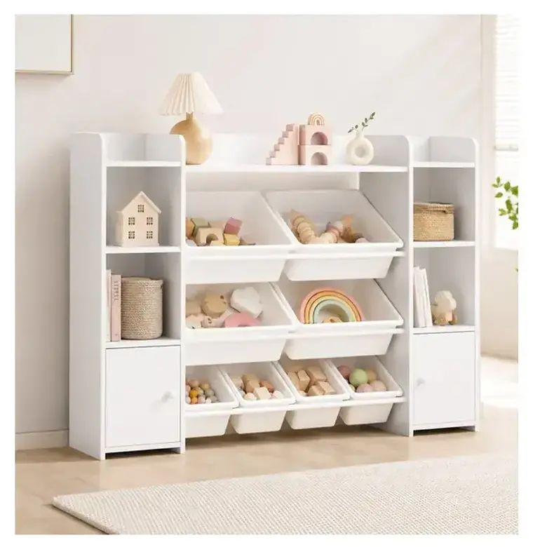Голям Детски Органайзер GINGER HOME, Бяла Етажерка за Играчки и Книги с 8 Кутии за Съхранение и 2 Шкафа