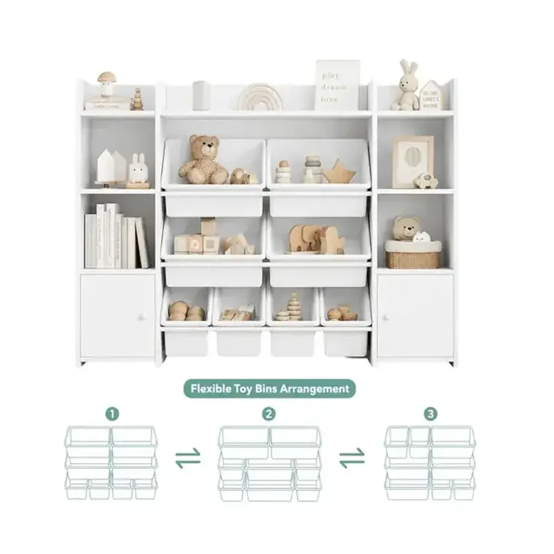 Голям Детски Органайзер GINGER HOME, Бяла Етажерка за Играчки и Книги с 8 Кутии за Съхранение и 2 Шкафа