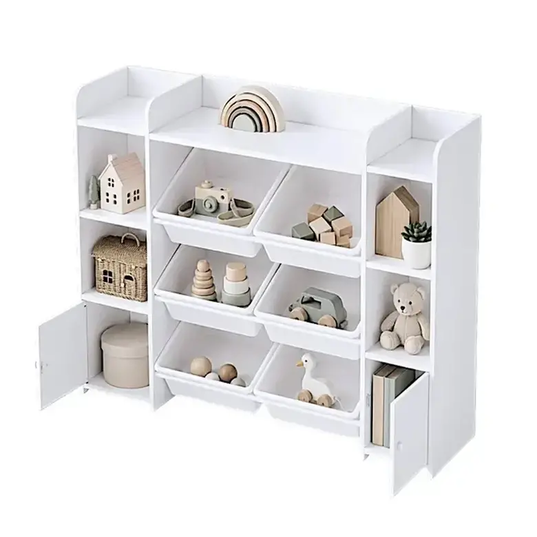 Голям Детски Органайзер GINGER HOME, Бяла Етажерка за Играчки и Книги с 8 Кутии за Съхранение и 2 Шкафа