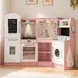 Голяма Детска Дървена Кухня GINGER HOME, Ъглова с Мивка с Течаща Вода, Звук и Светлина, Хладилник, Микровълнова, Пералня, Прозорец, Завеси и Аксесоари, 134x80x99 см