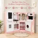 Голяма Детска Дървена Кухня GINGER HOME, Ъглова с Мивка с Течаща Вода, Звук и Светлина, Хладилник, Микровълнова, Пералня, Прозорец, Завеси и Аксесоари, 134x80x99 см