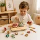 Детски Дървен Кухненски Комплект GINGER HOME с Котлон, Съдове, Прибори и Храни за Рязане, Натурално Дърво, 22x18x4 см